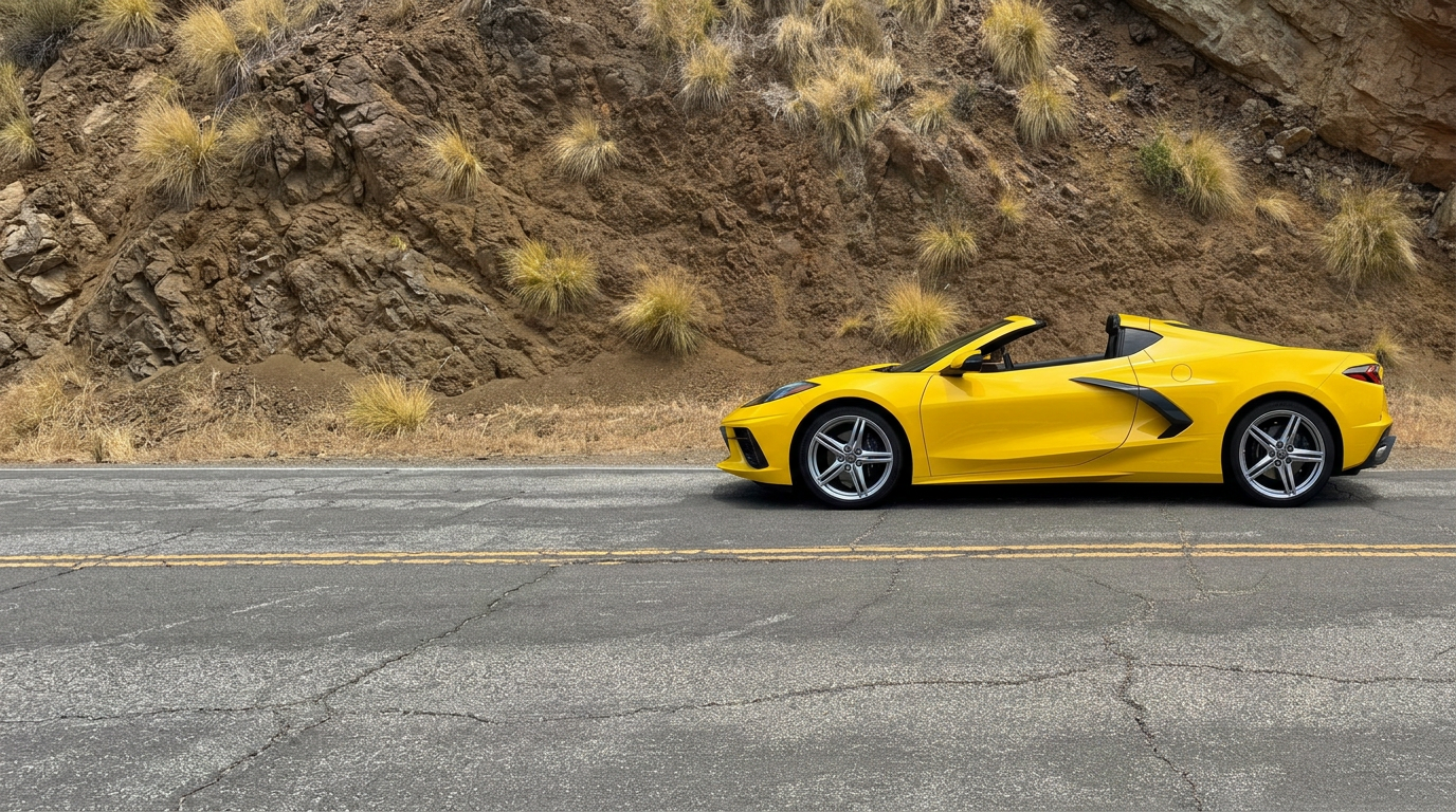 A yellow convertible sports car parked side-on on a mountain road with a rocky hillside behind