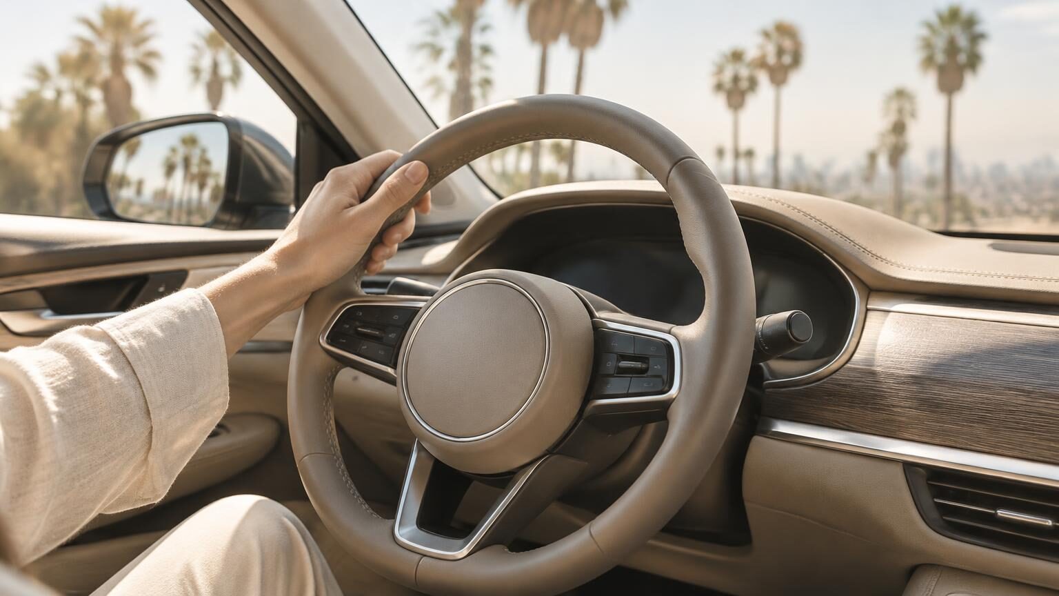 A hand resting on a steering wheel in a sunlit car interior
